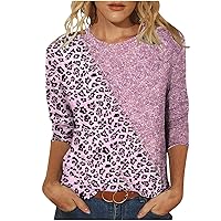 Summer 3/4 Sleeve Leopard Color Block Casual Tee Tops for Womens Trendy Loose Fit Funny Crewneck T-Shirts