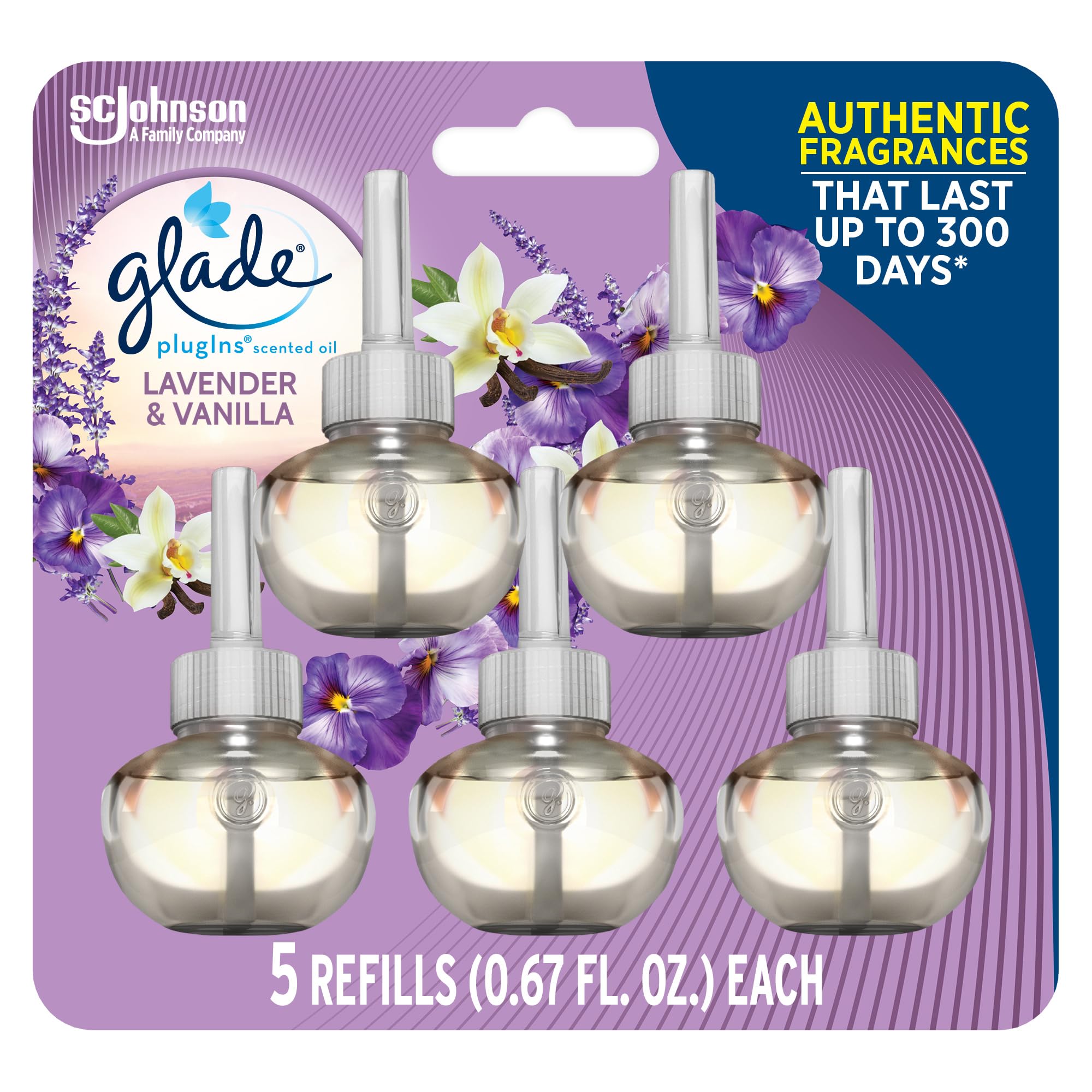 Glade PlugIns Refills Air Freshener, Scented and Essential Oils for Home and Bathroom, Lavender & Vanilla, 3.35 Fl Oz, 5 Count