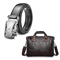 BOSTANTEN Men's Leather Ratchet Dress Belt and Leather Briefcase Handbag Messenger Business Bags for Men