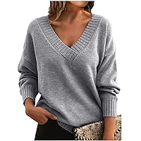 Women's 2024 Fall Long Sleeve V Neck Waffle Knit Casual Loose Oversized Pullover Sweater Jumper Tops