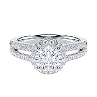 THELANDA Genuine Moissanite or Simulated 1CT Round Brilliant Cut Diamond Sterling Silver Split Shank Halo Promise Ring Engagement Ring For Her