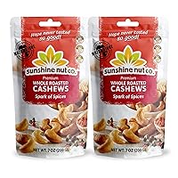 Whole Roasted Lightly Salted Cashews by Sunshine Nut Co., Gluten Free, Peanut Free and Vegan Individual Snack Packs for Kids and Adults, Spark of Spices Flavor, GMO Free, 2 Pack, 7 oz. Each