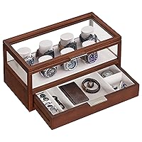 SONGMICS 2-Tier Wooden Watch Case, Watch Display Box, Watch Holder with 7 Pillars, Drawer, Acrylic, Solid Wood Top and Veneer, Velvet Lining, Gift for Loved Ones, Coffee Brown UJOW007K01