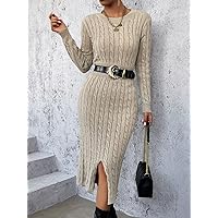 Sweater Dress for Women Cable Knit Split Hem Sweater Dress Without Belt Sweater Dress for Women (Color : Khaki, Size : Large)