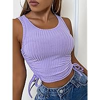 Women's Tops Women's Shirts Sexy Tops for Women Scoop Neck Drawstring Knot Rib-Knit Tank Top (Color : Lilac Purple, Size : Medium)