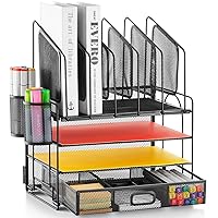 Marbrasse Desk Organizer with Drawer, 4-Tier Mesh Desk File Organizer with 5 Vertical File Holders and 2 Pen Holders, Multifunction Desktop Organizer