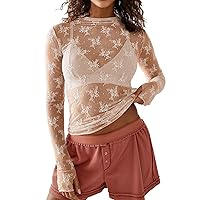 Flygo Sheer Lace Long Sleeve Top See Through Tops for Women Mock Neck Floral Blouses Shirts(Apricot-M)