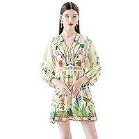 Women's V-Neck Floral Print Lantern Sleeve Button up Belt Dress Casual Mini Dress