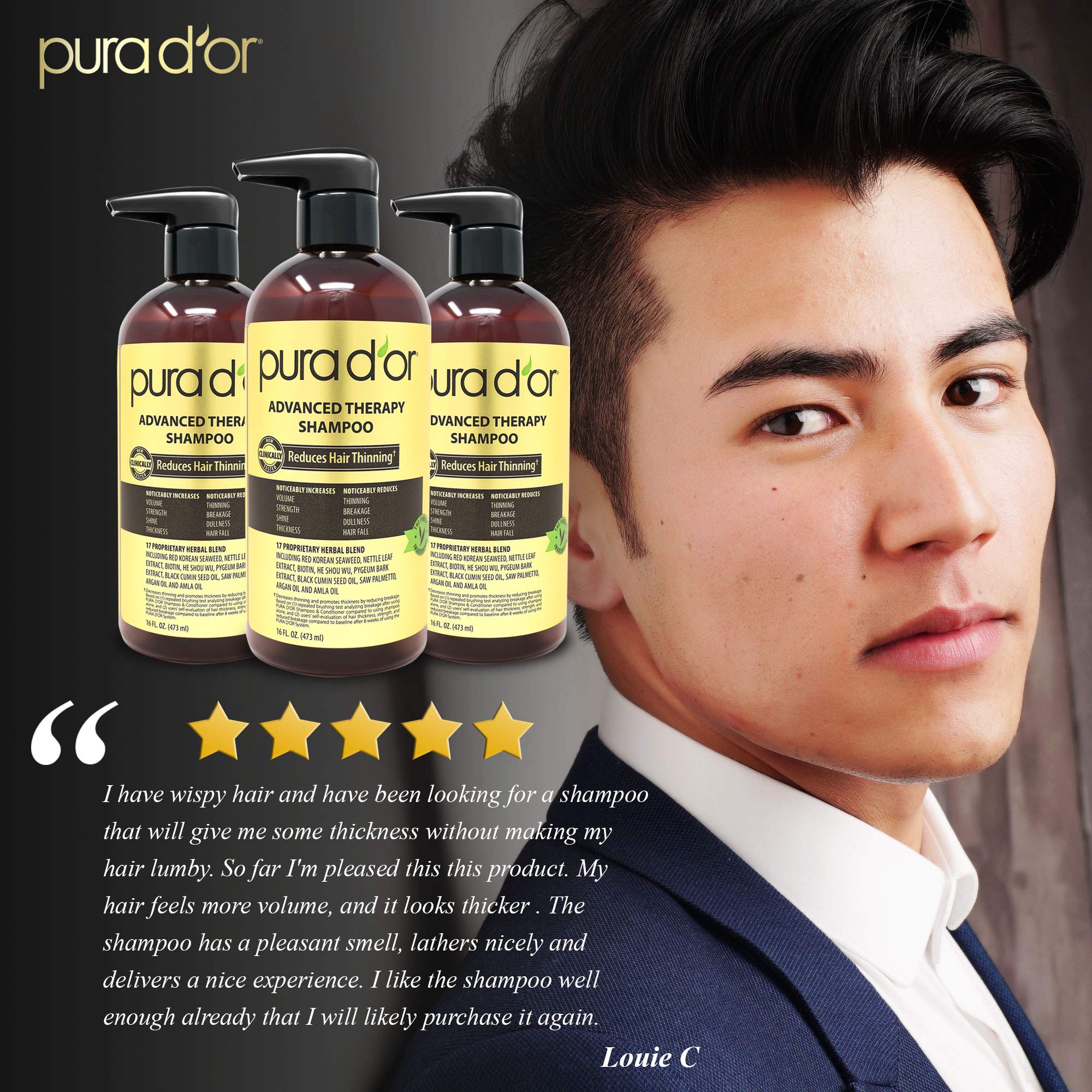 PURA D'OR Advanced Therapy Shampoo (16oz) Reduces Hair Thinning & Increases Volume, No Sulfate, Biotin Shampoo Infused with Argan Oil, Aloe Vera for All Hair Types, Men & Women (Packaging May Vary)