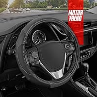 Motor Trend GripDrive Gray Carbon Fiber Steering Wheel Cover, Standard 15 inch Size, Black Faux Leather Comfort Grip, Car Steering Wheel Cover for Auto Truck Van SUV