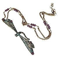 Patina Brass Decorative Dragonfly Long Necklace - Authentic Crystals