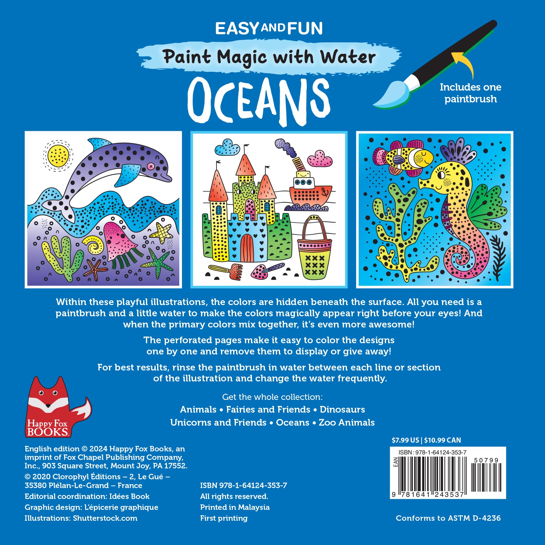 Easy and Fun Paint Magic with Water: Oceans (Happy Fox Books) Paintbrush Included - Mess-Free Painting for Kids 4-6 to Create a Whale, Shark, Seahorse, Submarine, and More Deep Sea and Beach Scenes