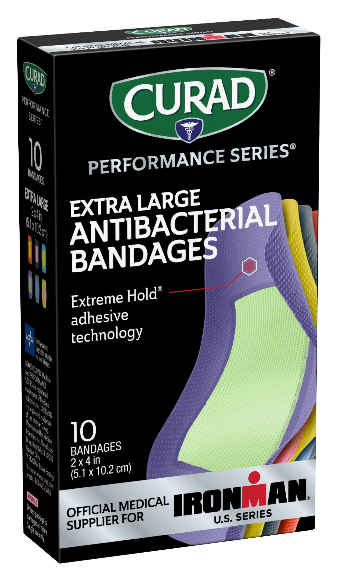 Curad Performance Series Ironman XL Antibacterial Bandages, Extreme Hold Adhesive Technology, Fabric Bandages, 10 Count