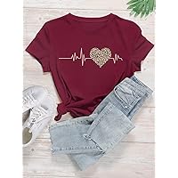 Women's Shirts Women's Tops Shirts for Women Electrocardiogram Print Round Neck -Shirt (Color : Burgundy, Size : X-Small)