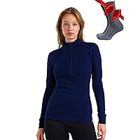 Merino Wool Base Layer Women - 100% Merino Half Zip Sweater Women Lite, Midweight, Heavyweight Thermal Shirts + Merino Socks