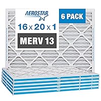 Aerostar 16x20x1 MERV 13 Pleated Air Filter, AC Furnace Air Filter, 6 Pack (Actual Size: 15 3/4