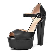 Womens Ankle Strap Wedding Platform Peep Toe Dress Buckle Solid Matte Block High Heel Pumps Shoes 6 Inch