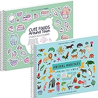Animal Habitats Sticker + Coloring Book (500+ Stickers & 12 Scenes) by Cupkin - Cute Foods Around Town Activity Book by Cupkin: Lay Flat Side by Side Kawaii Sticker Books Also Great for Older Boys & G