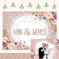 Mr & Mrs Floral Backdrop Glitter Bokeh Spots Pink Rose Flowers Photography Backdrop Romantic Wedding Engagement Bridal Shower Party Decoration Supplies 7x5Ft