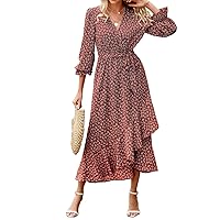 BTFBM Women Long Sleeve Wrap Maxi Dress V Neck Boho Floral High Waist Flowy Ruffle 2024 Spring Summer Dresses with Belt