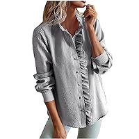 Women's Casual Ruffle Trim Button Down Shirts Frill Trim Stand Collar Long Sleeve Blouses Fashion Loose Fit Tops