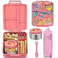 MAISON HUIS Bento Lunch Box for Kids With 8oz Soup Thermo, Leakproof Lunch Compartment Containers with 4 Compartment Bento Box, Thermo Food Jar and Lunch Bag, BPA Free,Travel, School(Funny Cat)