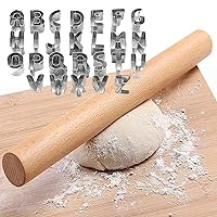 Wooden Rolling Pin & 26 Alphabet Cookie Cutters Baking Pizza making, Professional Dough Roller Rolling Pins Wood, 15-3/4-Inch by 1-1/4 Inch, Beech Wood for Baking Pizza, Clay, pasta, Cookies