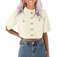 Esobo Women's Short Sleeve Knit Sweaters 2024 Round Neck Cropped Tops Button Pullover Sweater with Front Pocket