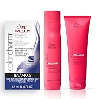 Wella Professionals Invigo Brilliance Color Protection Shampoo & Conditioner, For Fine Hair + Wella ColorCharm Permanent Liquid Hair Color for Gray Coverage, 8A Light Ash Blonde