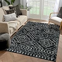 Wonnitar Moroccan Washable Area Rug 5x7,Black Large Rug for Living Room,Non-Shedding Bohemian Bedroom Throw Mat,Low Pile Stain Resistant Geometric Floor Carpet for Dining Table Kitchen Dorm