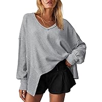 LAMISSCHE Womens Waffle Knit Long Sleeve Shirts Oversized V Neck Thermal Tunic Tops Workout Batwing Sweater Blouses