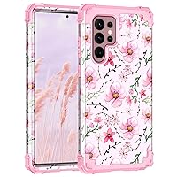 LONTECT for Galaxy S22 Ultra 5G Case Three-Layer Shockproof Heavy Duty Hybrid Sturdy High Impact Protective Cover Girls Women Case for Samsung Galaxy S22 Ultra 5G 6.8 2022,Pink Flower