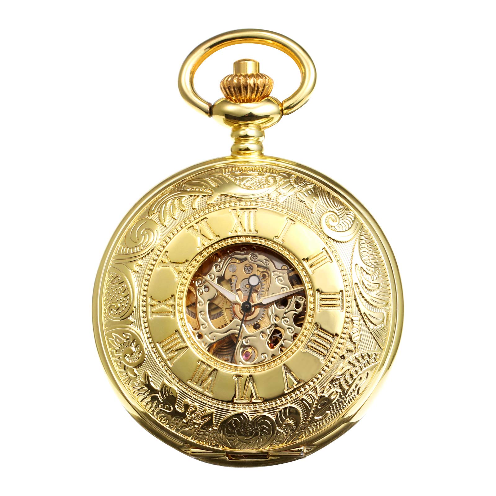 TREEWETO Men's Mechanical Skeleton Pocket Watch for Mens Women Blue Roman Numerals Dial Double Case Pocket Watches