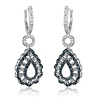 2.07 Cttw Round Cut Color Enhanced Blue and White Natural Diamond Teardrop Dangle Earrings Sterling Silver