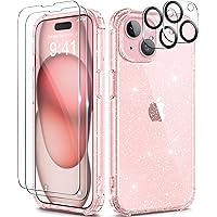5 in 1 Compatible with iPhone 15 Case Glitter, with 2X Screen Protector + 2X Camera Lens Protector, [Non-Yellowing] Clear Sparkle Slim Shockproof Phone Cover for Women 6.1 Inch, Shiny Pink