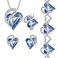 Leafael Infinity Love Heart Necklace, Stud Earrings, Bracelet, and Ring Set, March Birthstone Crystal Jewelry, Silver Tone Gifts for Women, Light Sapphire Blue