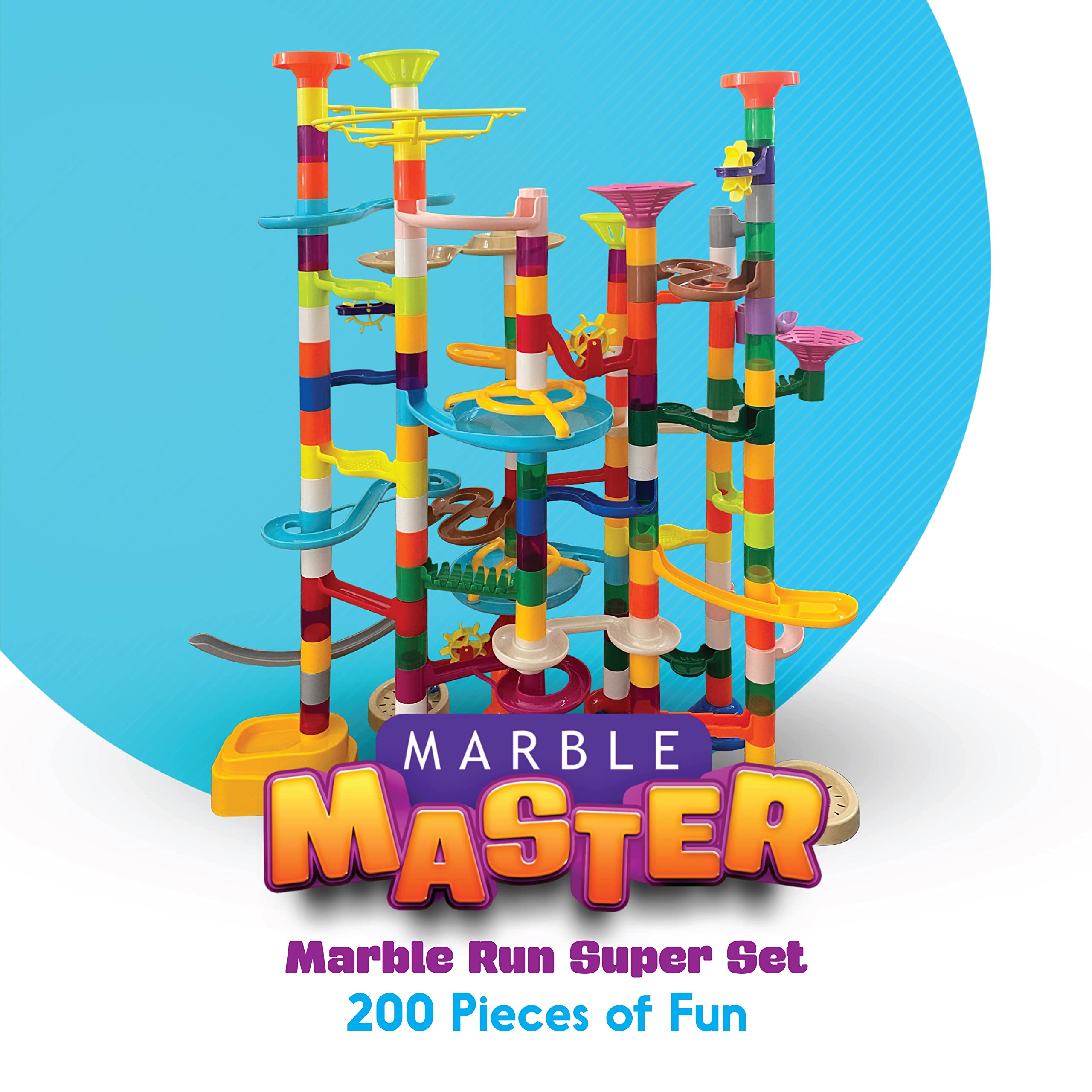 Marble Master Marble Run - 200pc Building Set & Glow in The Dark Glass Marbles for Boys & Girls, Build Large Roller Coaster Tracks & Racing Circuit Runs, STEM Toy Track Builder Kit for Kids Ages 8-12