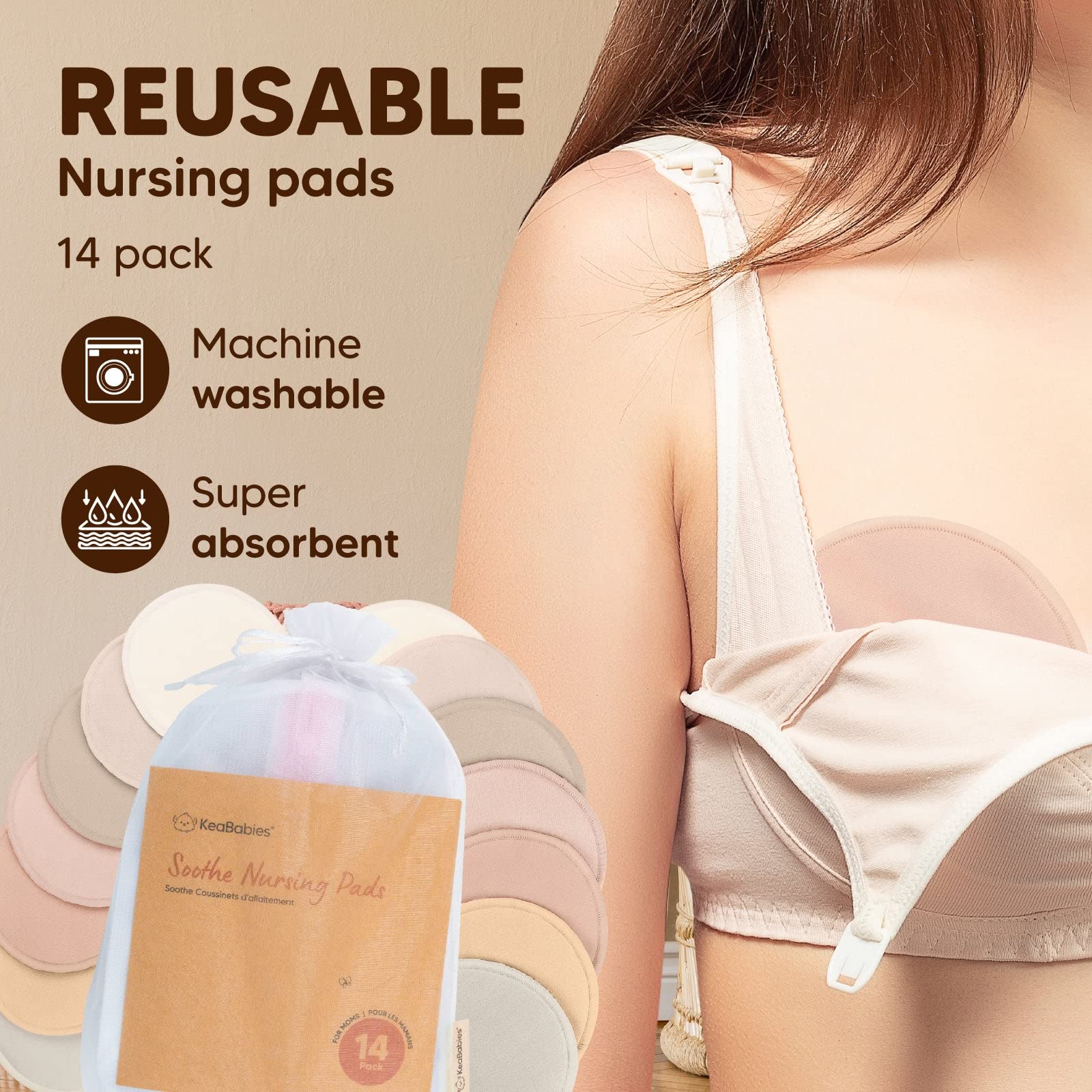 Reusable Nursing Pads for Breastfeeding, 14-Pack - 4-Layers Organic Bamboo Nursing Pads - Breastfeeding Pads - Washable Breast Pads - Natural Bamboo Maternity Pads (Neutrals, Large 4.8