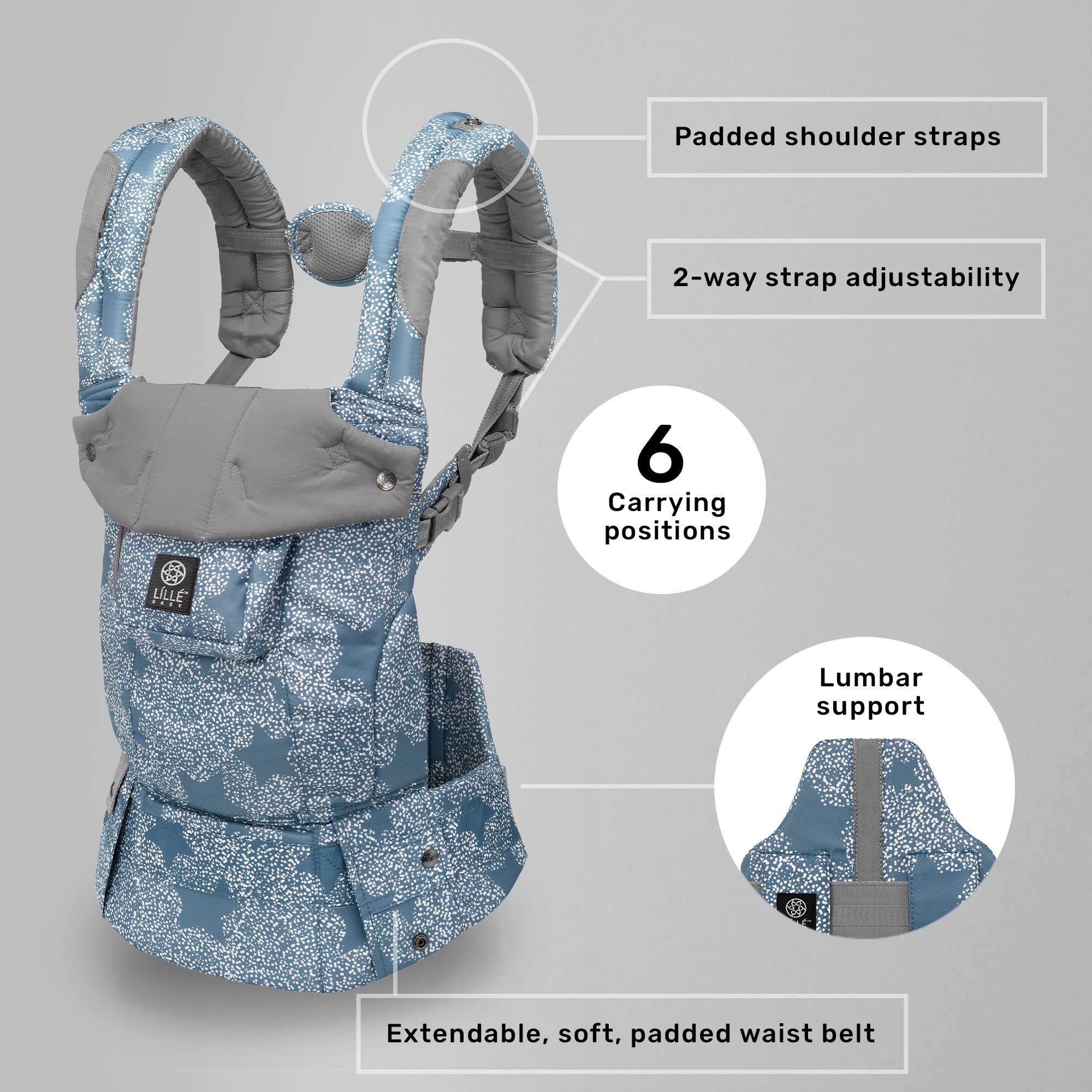 LÍLLÉbaby Complete 6-in-1 Luxe Ergonomic Baby Carrier & Waist Belt Extension Bundle - with Lumbar Support - for Children 7-45 Pounds - 360 Degree Baby Wearing - Inward and Outward Facing - Starfall