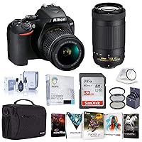 Nikon D3500 DX-Format DSLR Camera with 18-55mm and 70-300mm Lens, Black, Bundle with Corel PC Photo and Video Editing Software, Bag, 32GB SD Card, Screen Protector and Accessories