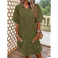 Dresses for Women - Batwing Sleeve Pocket Patched Shirt Dress (Color : Army Green, Size : Small)