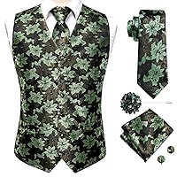 Hi-Tie 5PCS Vest Necktie Handkerchief Cufflinks Lapel Pin Set Jacquard Silk Formal Dress Vest Suit Set for Tuxedo S-3XL