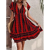 Women's Dress Geo Print Batwing Sleeve Ruffle Hem Dress Women's dressEVEBABY (Color : Red, Size : Small)