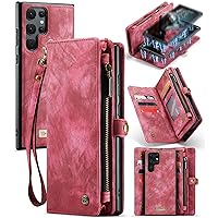 ZORSOME Wallet Case Cover for Samsung Galaxy S22 Ultra,2 in 1 Detachable Premium Leather PU with 8 Card Holder Slots Magnetic Zipper Pouch Flip Lanyard Strap Wristlet for Women Men Girls,Red
