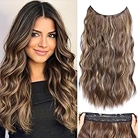 20 Inch Invisible Wire Hair Extensions with Adjustable Transparent Wire Honey Blonde Mixed Light Brown Synthetic Long Wavy Hairpieces with 2 Secure Clips in Hair Extensions for Women Daily Party Use