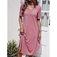 Women's Dress Solid Button Detail Tee Dress (Color : Dusty Pink, Size : Large)