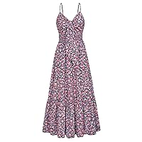 GRACE KARIN Women's 2024 Summer Beach Dress Floral V Neck Tie Front Spaghetti Strap Flowy Long Dress Boho Maxi Dress