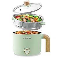Dezin Electric Hot Pot with Steamer, 1.5L Non-stick Ramen Cooker, 2 in 1 Shabu Shabu Hot Pot, Multifunctional Cooker with Overheating Protection for Stew, Noodles, Green (Egg Rack Included)