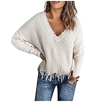 Women's Sweaters Loose Casual V Neck Pullover Hem Fringe Solid Color Knit Sweater Thanksgiving, S-3XL