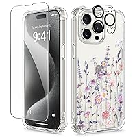 GVIEWIN for iPhone 15 Pro Case Floral, with Screen Protector+Camera Lens Protector, [Not Yellowing] Slim Shockproof Clear Protective Phone Cover for Women, Flower Pattern Design (Floratopia/Colorful)